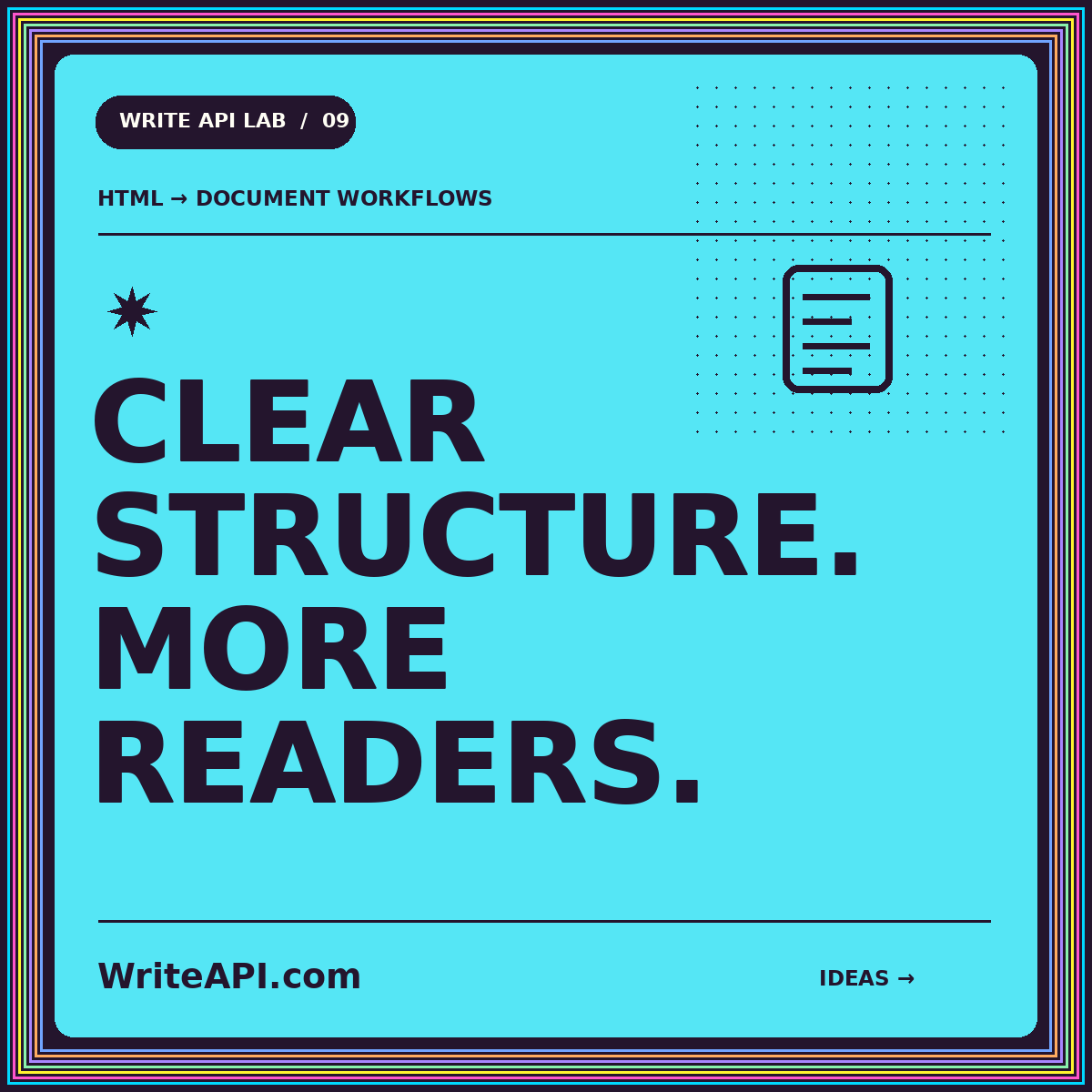 Typography card: CLEAR STRUCTURE. MORE READERS. — WriteAPI.com