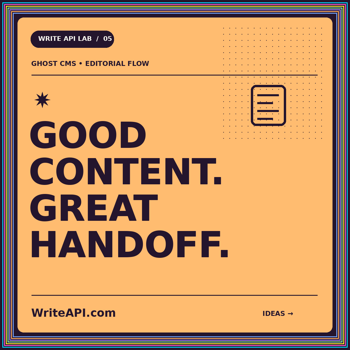 Typography card: GOOD CONTENT. GREAT HANDOFF. — WriteAPI.com