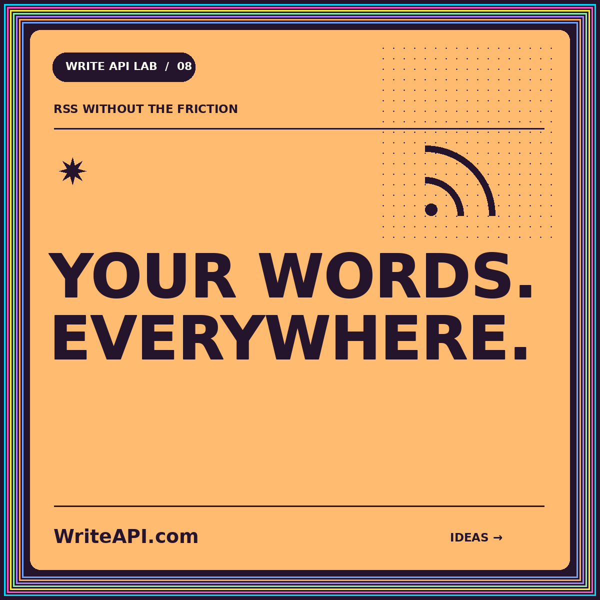 Typography card: YOUR WORDS. EVERYWHERE. — WriteAPI.com